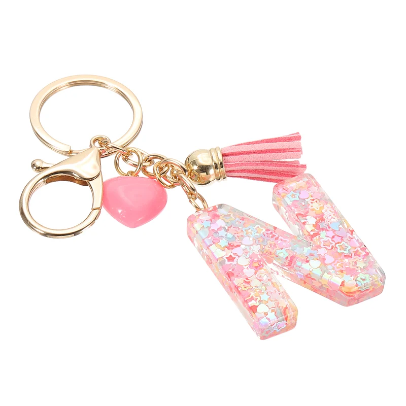 Initial Letter Keychain, Letter N Heart Design Charm with Tassels, Pink
