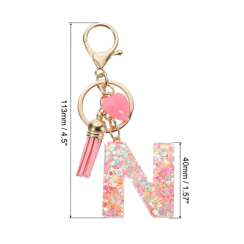 Initial Letter Keychain, Letter N Heart Design Charm with Tassels, Pink
