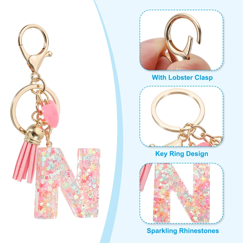 Initial Letter Keychain, Letter N Heart Design Charm with Tassels, Pink