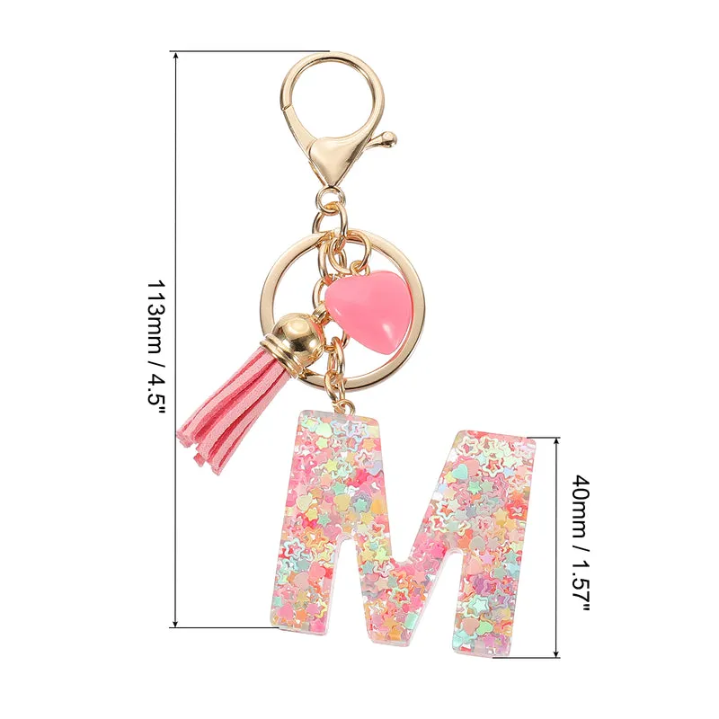 Initial Letter Keychain, Letter m Heart Design Charm with Tassels, Pink