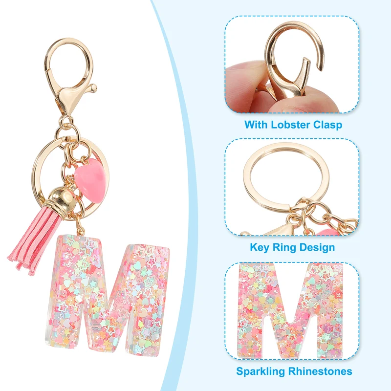 Initial Letter Keychain, Letter m Heart Design Charm with Tassels, Pink