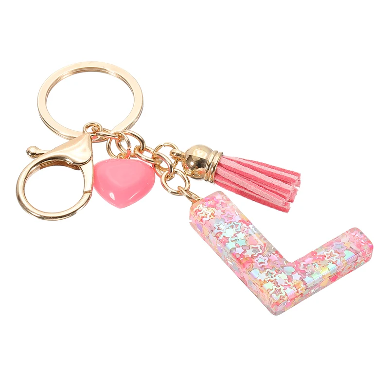 Initial Letter Keychain, Letter l Heart Design Charm with Tassels, Pink