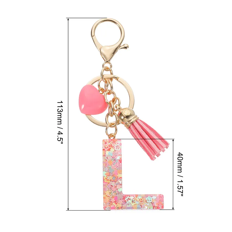 Initial Letter Keychain, Letter l Heart Design Charm with Tassels, Pink