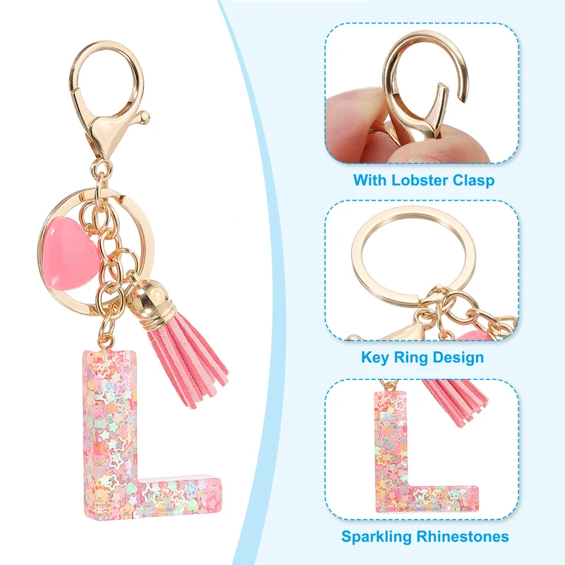 Initial Letter Keychain, Letter l Heart Design Charm with Tassels, Pink