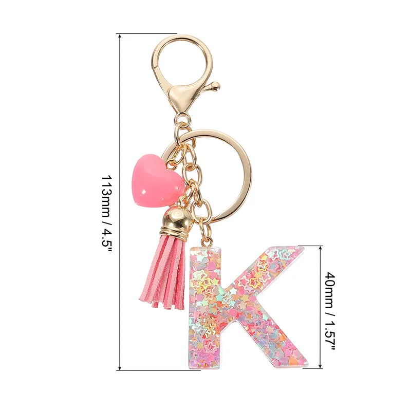 Initial Letter Keychain, Letter K Heart Design Charm with Tassels, Pink