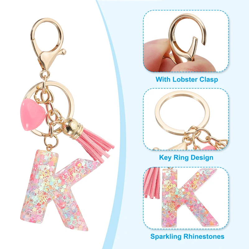 Initial Letter Keychain, Letter K Heart Design Charm with Tassels, Pink