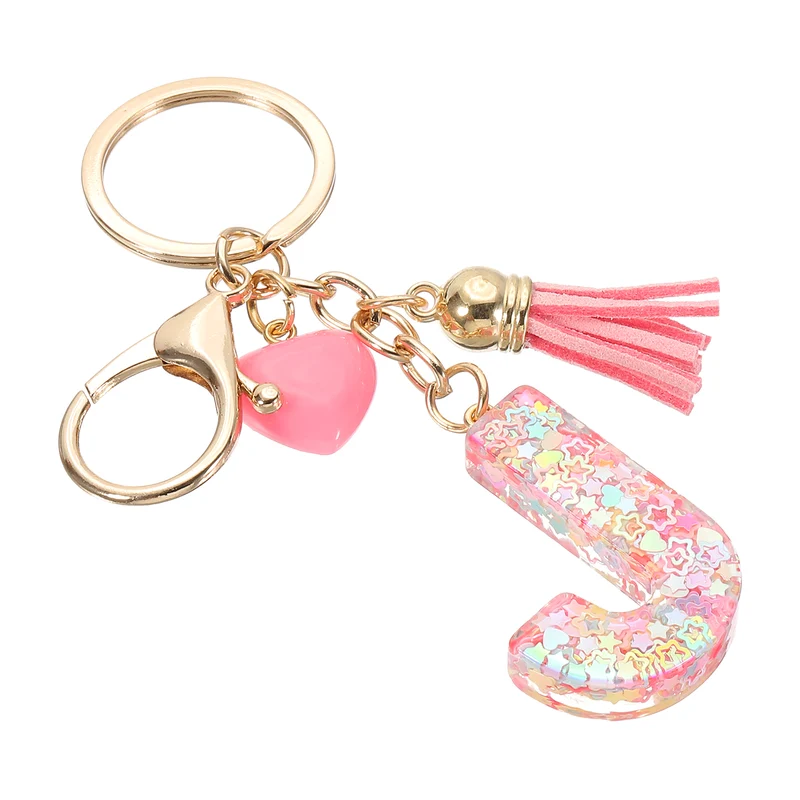 Initial Letter Keychain, Letter J Heart Design Charm with Tassels, Pink