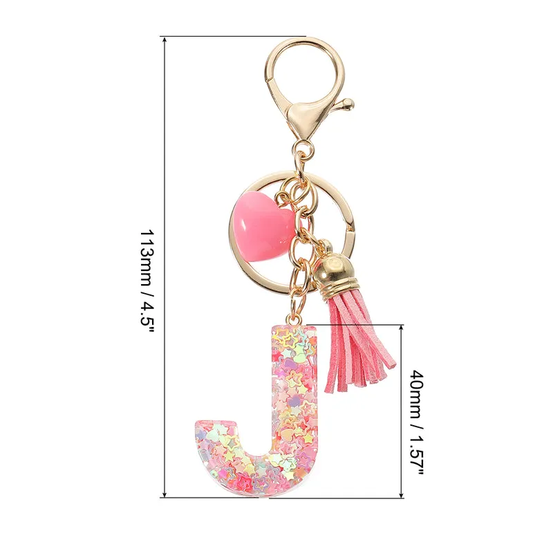 Initial Letter Keychain, Letter J Heart Design Charm with Tassels, Pink