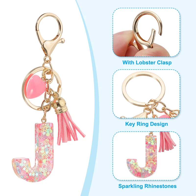 Initial Letter Keychain, Letter J Heart Design Charm with Tassels, Pink