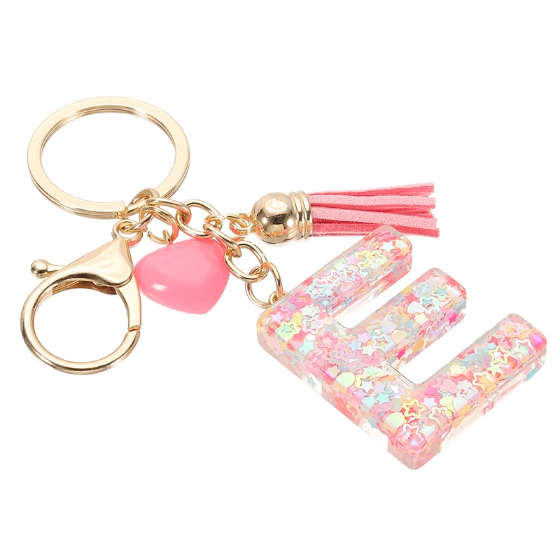 Initial Letter Keychain, Letter E Heart Design Charm with Tassels, Pink