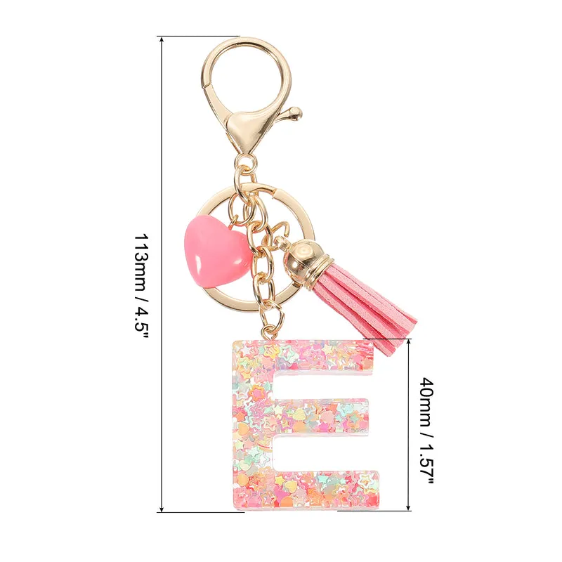Initial Letter Keychain, Letter E Heart Design Charm with Tassels, Pink