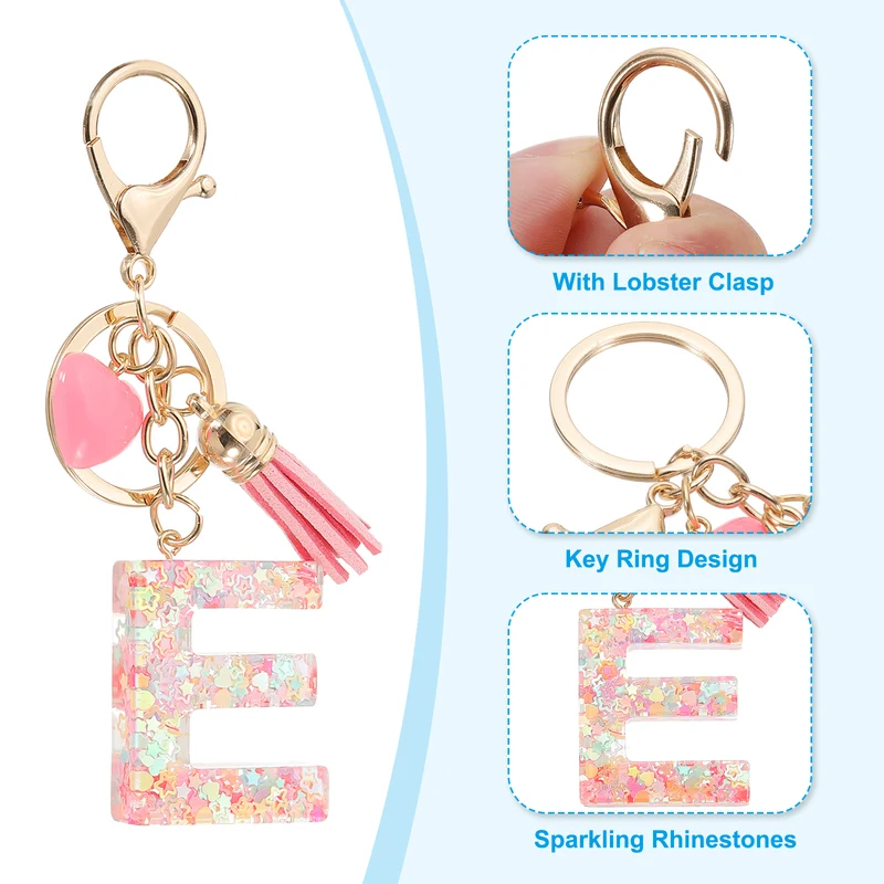 Initial Letter Keychain, Letter E Heart Design Charm with Tassels, Pink