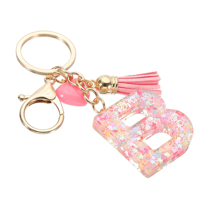 Initial Letter Keychain, Letter B Heart Design Charm with Tassels, Pink