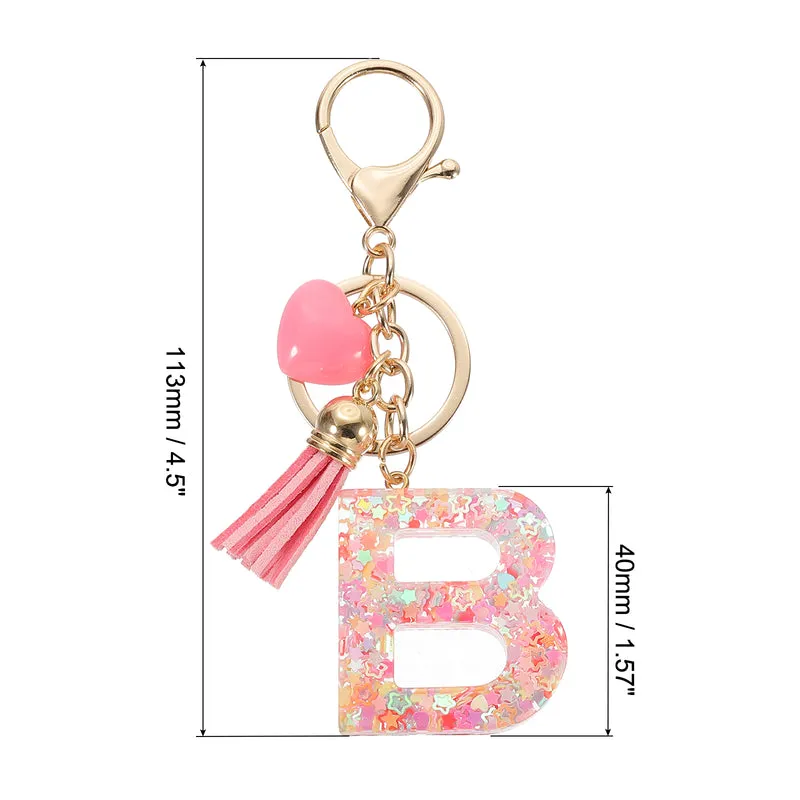 Initial Letter Keychain, Letter B Heart Design Charm with Tassels, Pink