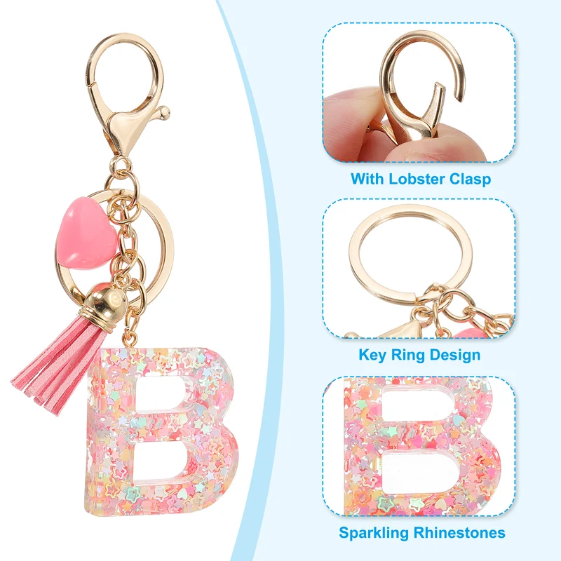 Initial Letter Keychain, Letter B Heart Design Charm with Tassels, Pink