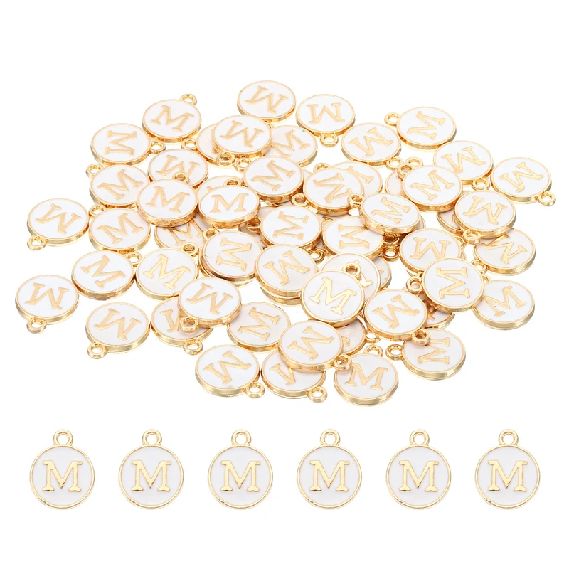 Letter Charm M, 60Pcs Double Sided Alphabet Initial Charm Pendants Beads White