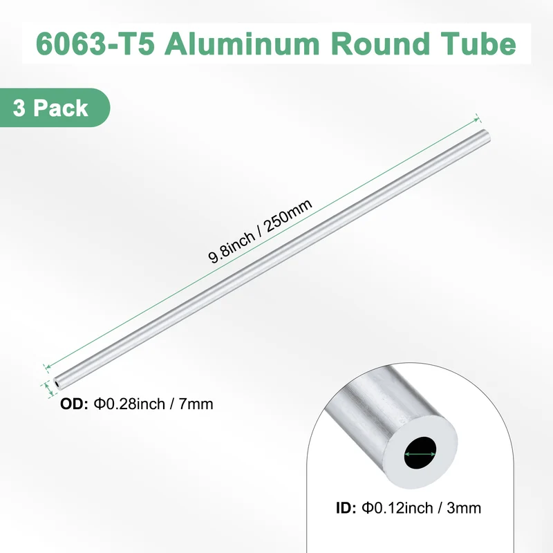 3-Pack 6063 Aluminum Round Tube, 3mmx7mm(IDxOD) 250mm Length Straight Tubing