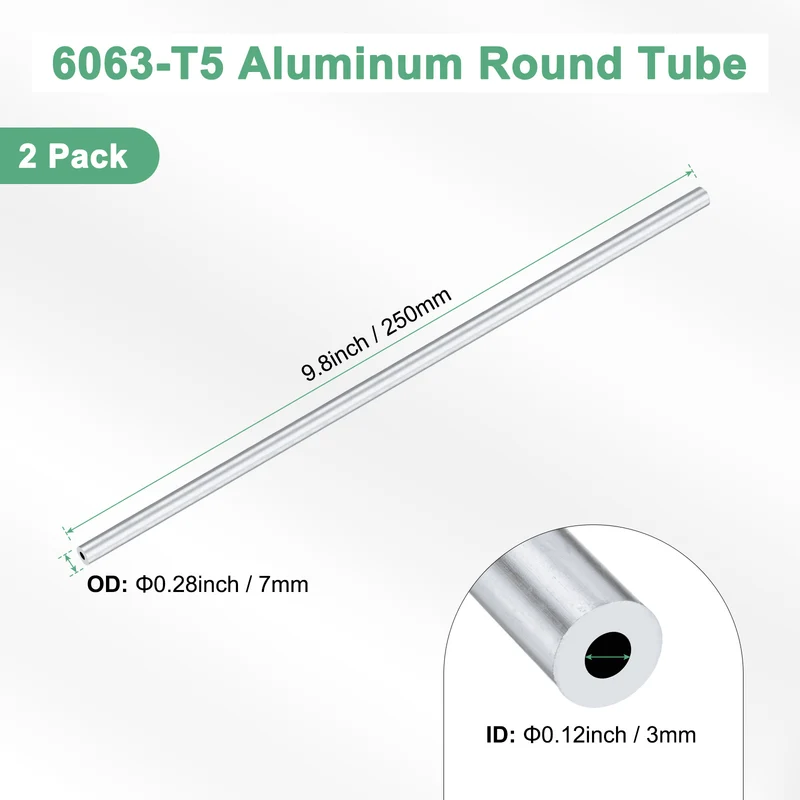 2-Pack 6063 Aluminum Round Tube, 3mmx7mm(IDxOD) 250mm Length Straight Tubing