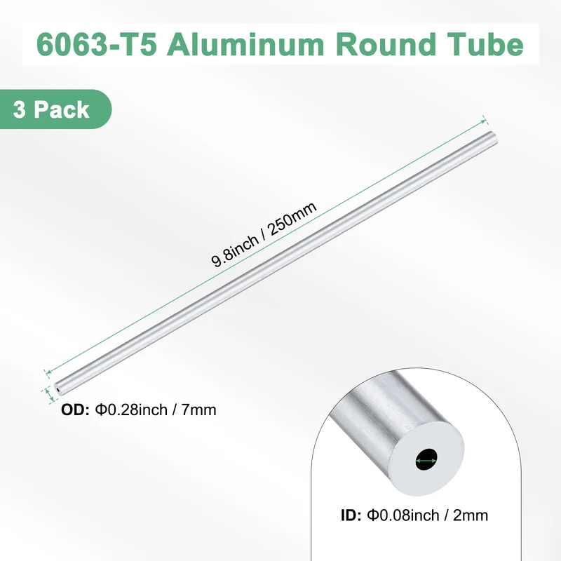 3-Pack 6063 Aluminum Round Tube, 2mmx7mm(IDxOD) 250mm Length Straight Tubing