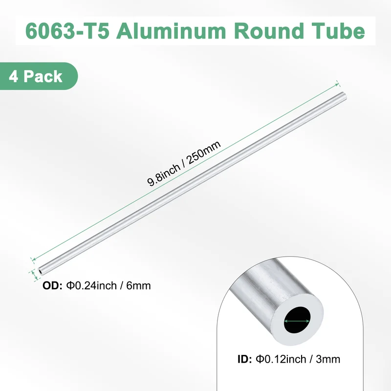 4-Pack 6063 Aluminum Round Tube, 3mmx6mm(IDxOD) 250mm Length Straight Tubing