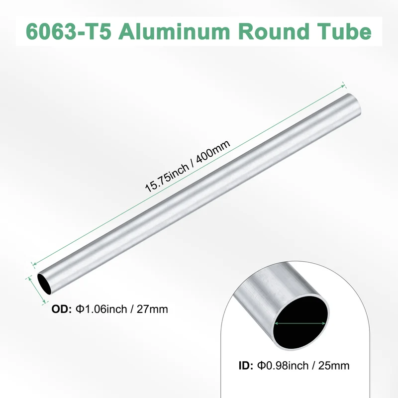 1-Pack 6063 Aluminum Round Tube, 25mmx27mm(IDxOD) 400mm Length Straight Tubing