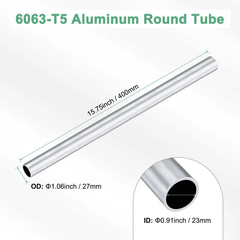 1-Pack 6063 Aluminum Round Tube, 23mmx27mm(IDxOD) 400mm Length Straight Tubing