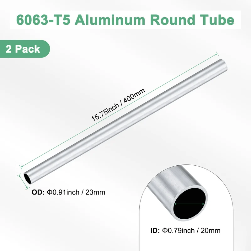 2-Pack 6063 Aluminum Round Tube, 20mmx23mm(IDxOD) 400mm Length Straight Tubing