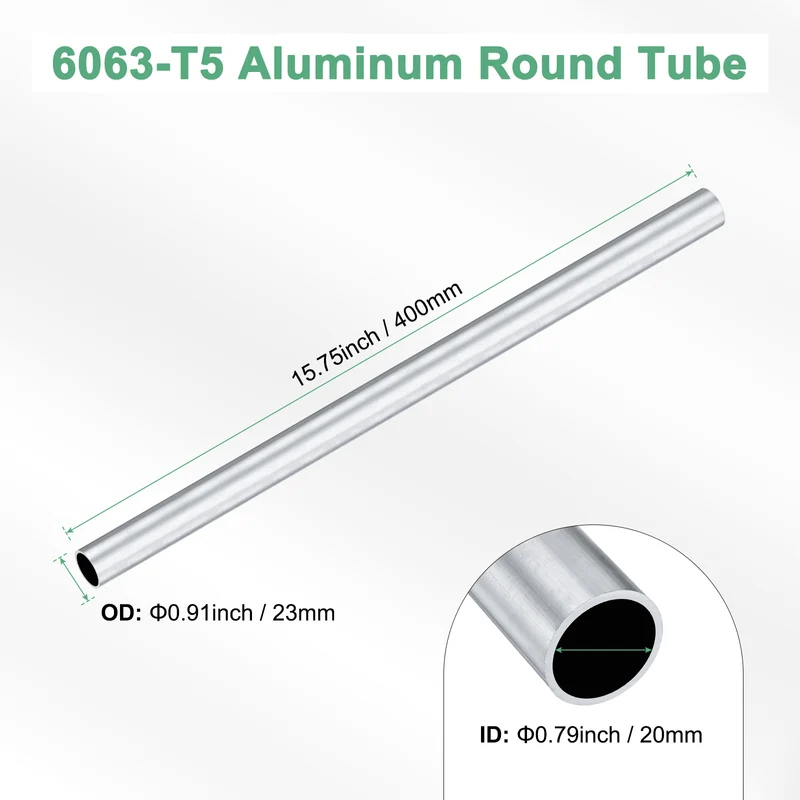 1-Pack 6063 Aluminum Round Tube, 20mmx23mm(IDxOD) 400mm Length Straight Tubing