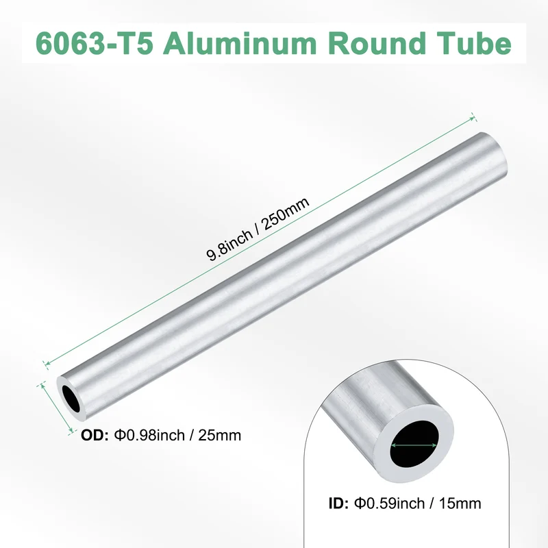 1-Pack 6063 Aluminum Round Tube, 15mmx25mm(IDxOD) 250mm Length Straight Tubing