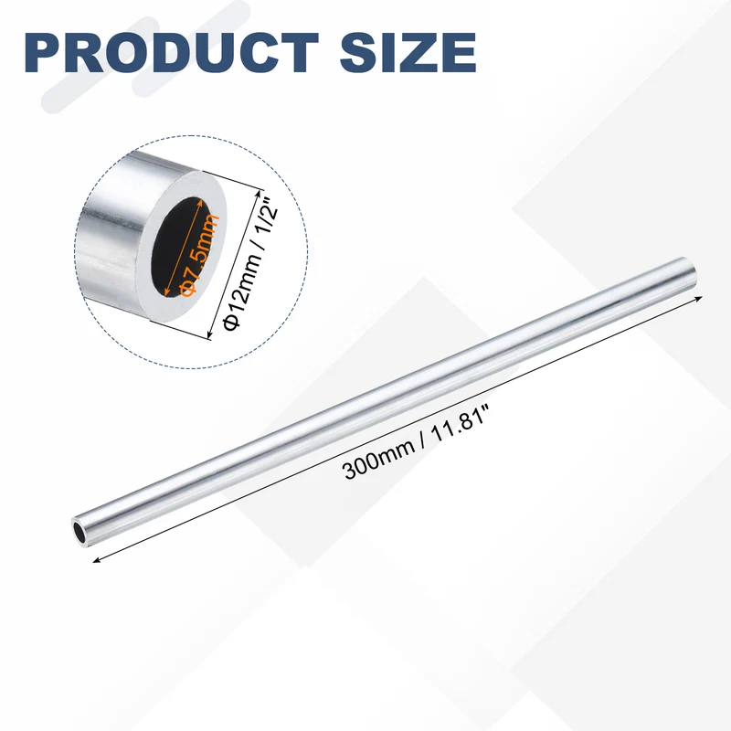 6063 Aluminum Tubing 1/2" (12mm) OD x 5/16" (7.5mm) ID x 12" Length 2mm Thick