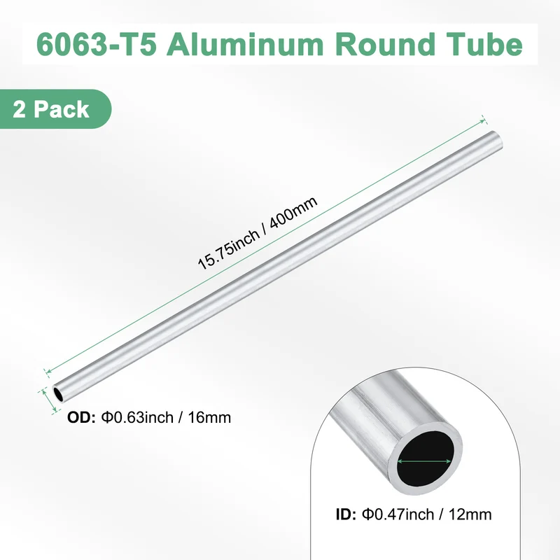 2-Pack 6063 Aluminum Round Tube, 12mmx16mm(IDxOD) 400mm Length Straight Tubing