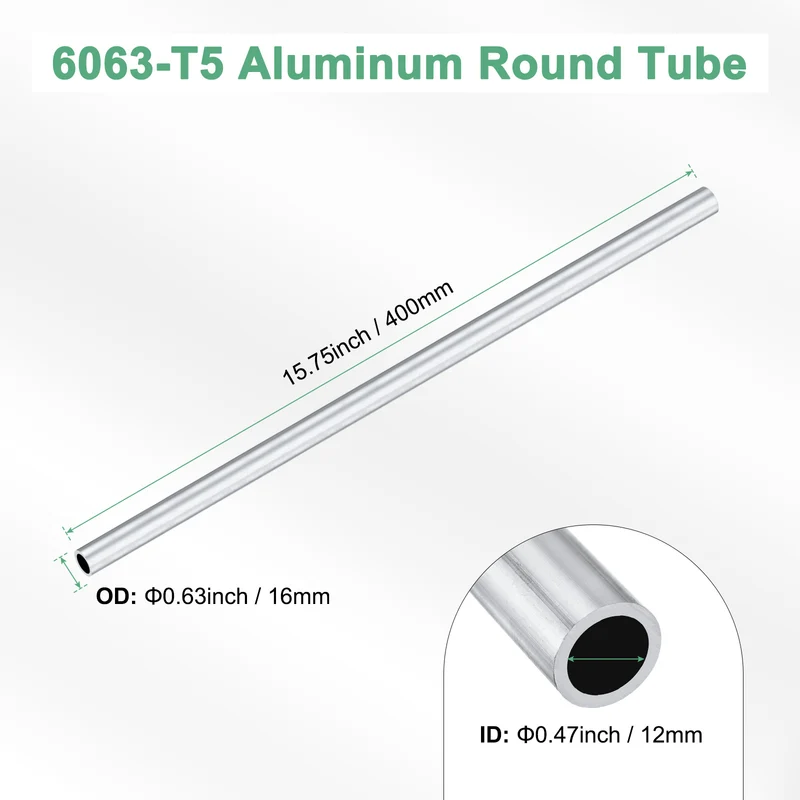1-Pack 6063 Aluminum Round Tube, 12mmx16mm(IDxOD) 400mm Length Straight Tubing