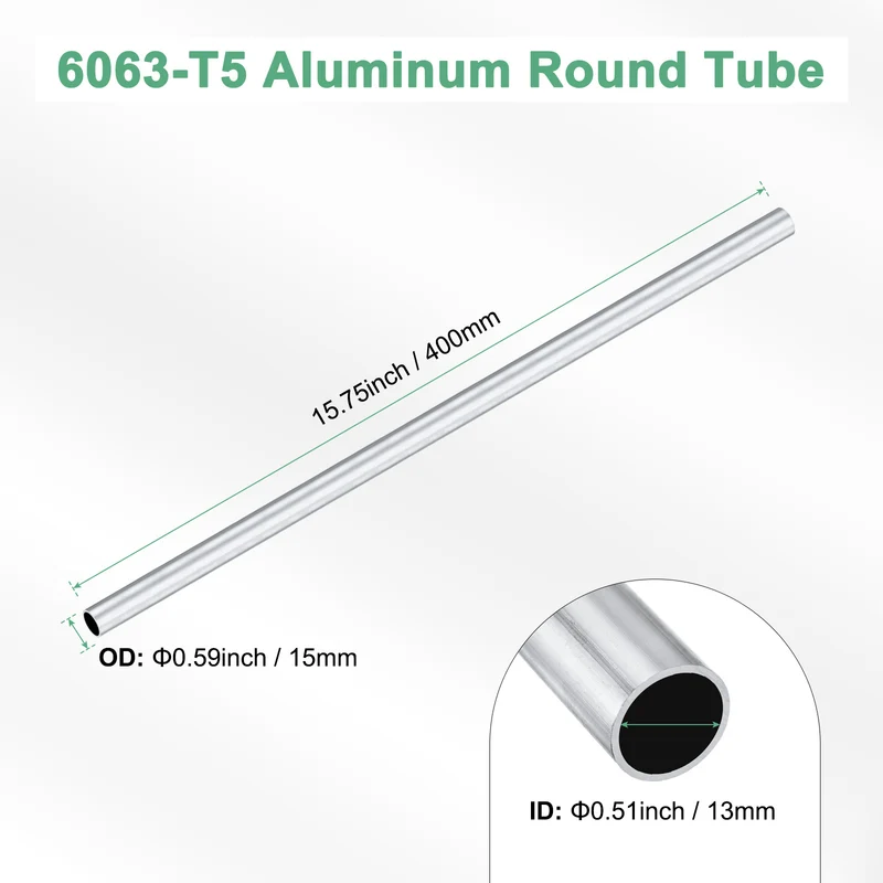 1-Pack 6063 Aluminum Round Tube, 13mmx15mm(IDxOD) 400mm Length Straight Tubing
