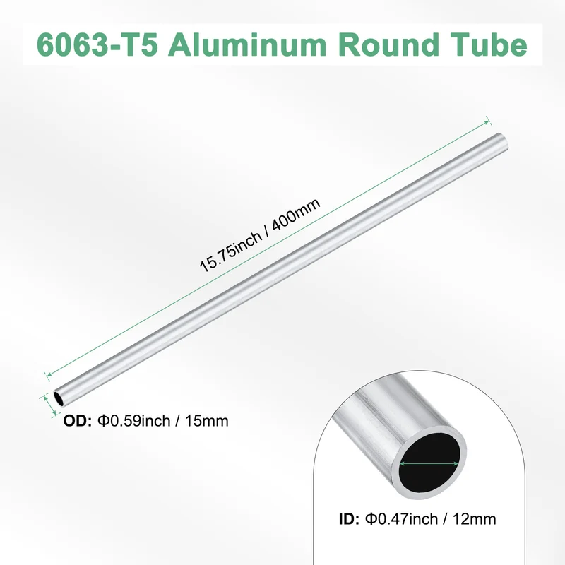 1-Pack 6063 Aluminum Round Tube, 12mmx15mm(IDxOD) 400mm Length Straight Tubing