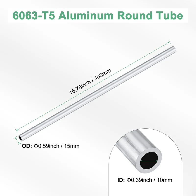 1-Pack 6063 Aluminum Round Tube, 10mmx15mm(IDxOD) 400mm Length Straight Tubing