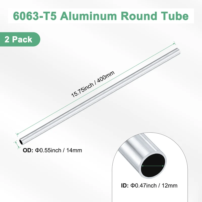 2-Pack 6063 Aluminum Round Tube, 12mmx14mm(IDxOD) 400mm Length Straight Tubing