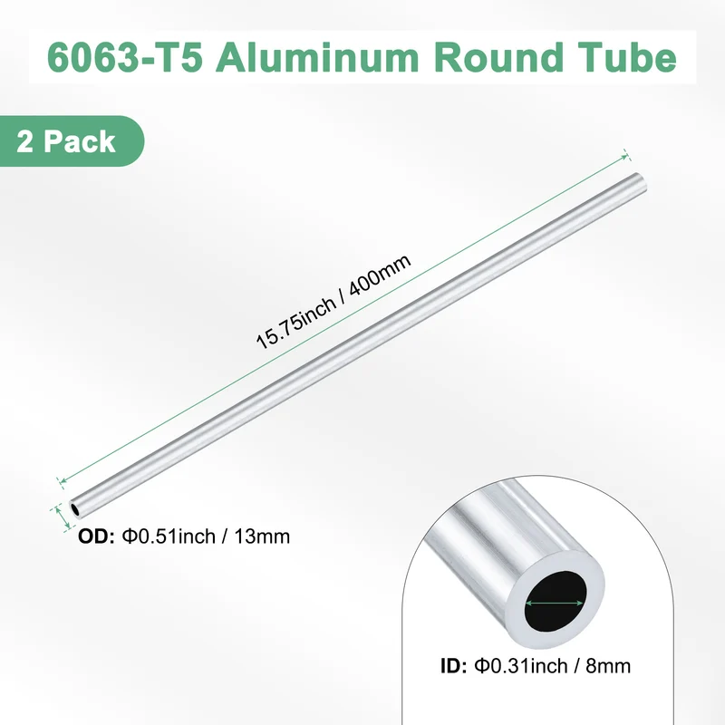 2-Pack 6063 Aluminum Round Tube, 8mmx13mm(IDxOD) 400mm Length Straight Tubing