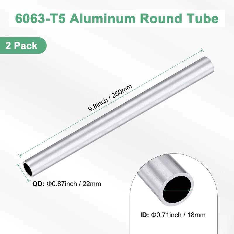 2-Pack 6063 Aluminum Round Tube, 18mmx22mm(IDxOD) 250mm Length Straight Tubing