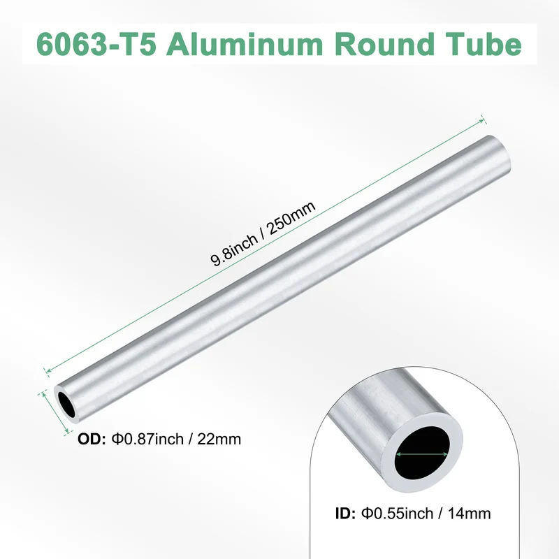 1-Pack 6063 Aluminum Round Tube, 14mmx22mm(IDxOD) 250mm Length Straight Tubing