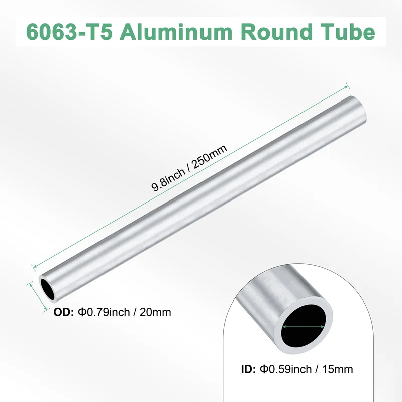 1-Pack 6063 Aluminum Round Tube, 15mmx20mm(IDxOD) 250mm Length Straight Tubing