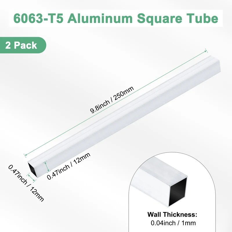 2Pcs 250mm 6063 Aluminum Square Tube, 12x12x1mm Straight Pipe Tubing for Frame