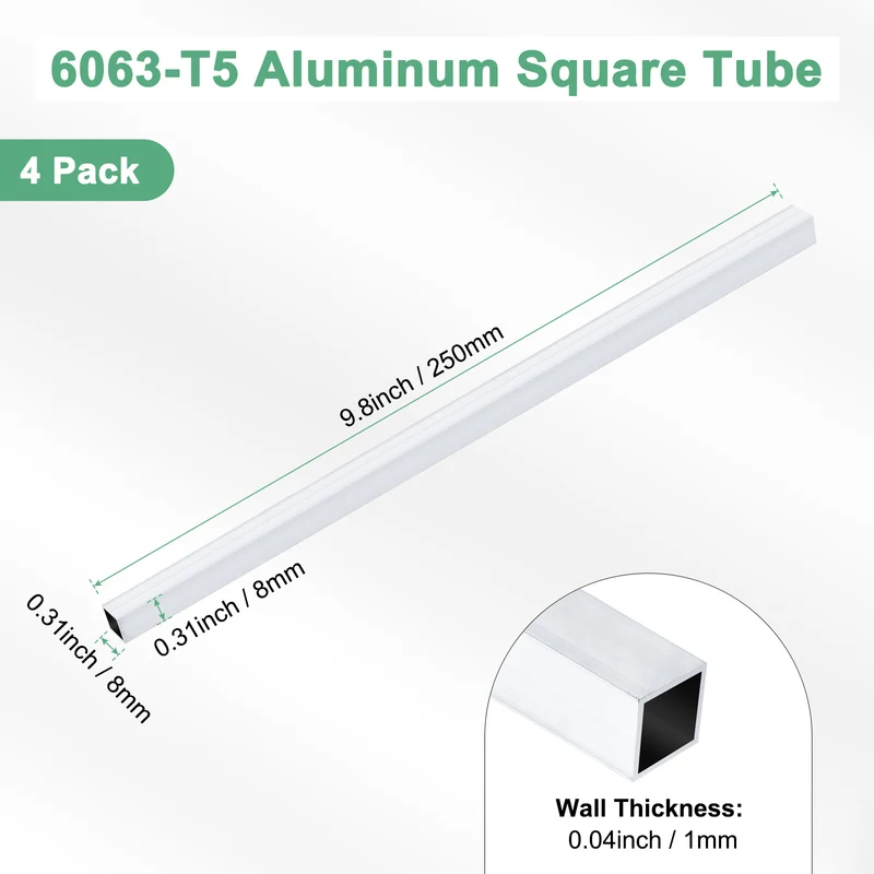 4Pcs 250mm 6063 Aluminum Square Tube, 8x8x1mm Straight Pipe Tubing for Frame