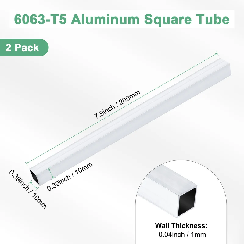 2Pcs 200mm 6063 Aluminum Square Tube, 10x10x1mm Straight Pipe Tubing for Frame
