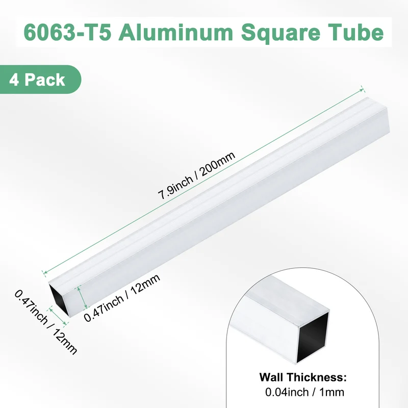 4Pcs 200mm 6063 Aluminum Square Tube, 12x12x1mm Straight Pipe Tubing for Frame
