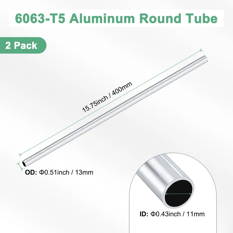 2-Pack 6063 Aluminum Round Tube, 11mmx13mm(IDxOD) 400mm Length Straight Tubing
