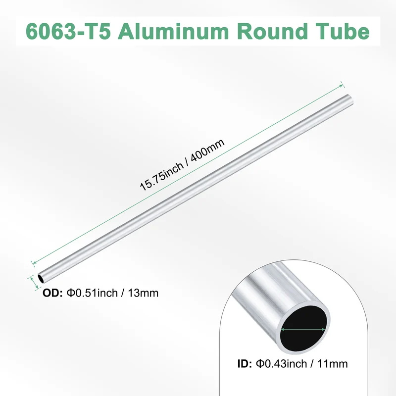 1-Pack 6063 Aluminum Round Tube, 11mmx13mm(IDxOD) 400mm Length Straight Tubing
