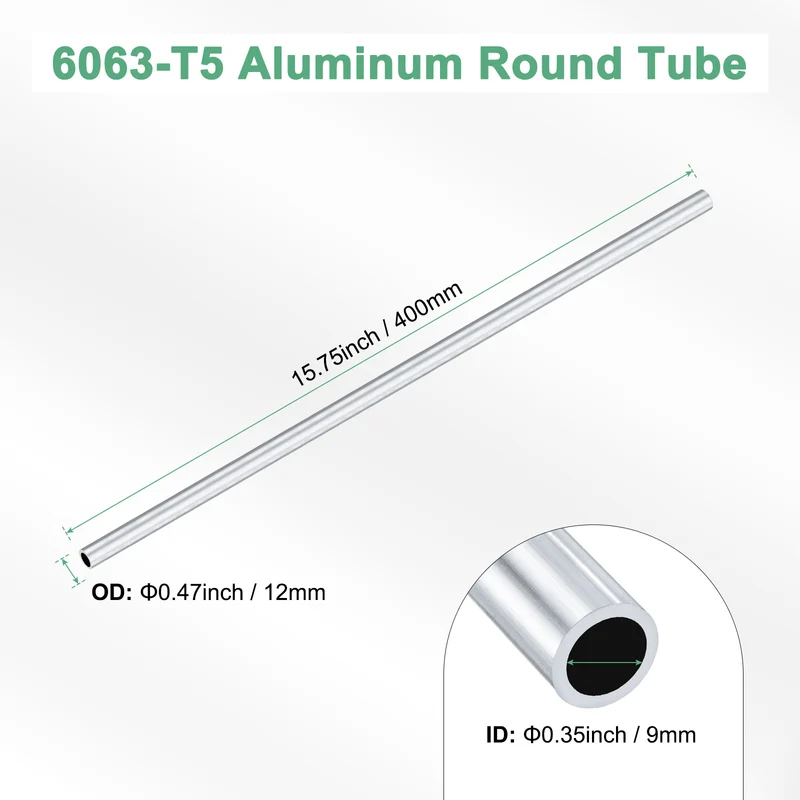 1-Pack 6063 Aluminum Round Tube, 9mmx12mm(IDxOD) 400mm Length Straight Tubing