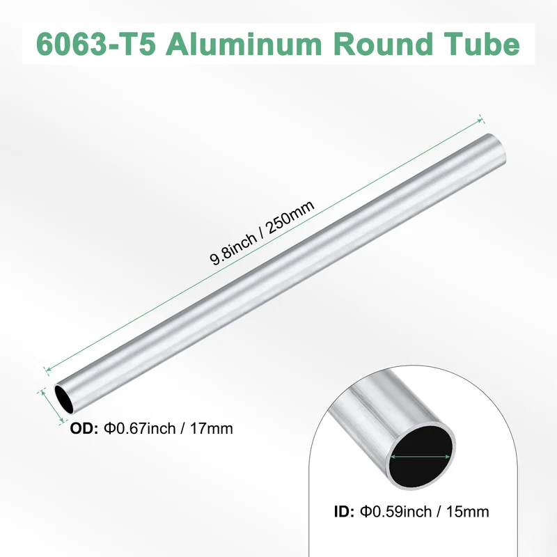 1-Pack 6063 Aluminum Round Tube, 15mmx17mm(IDxOD) 250mm Length Straight Tubing