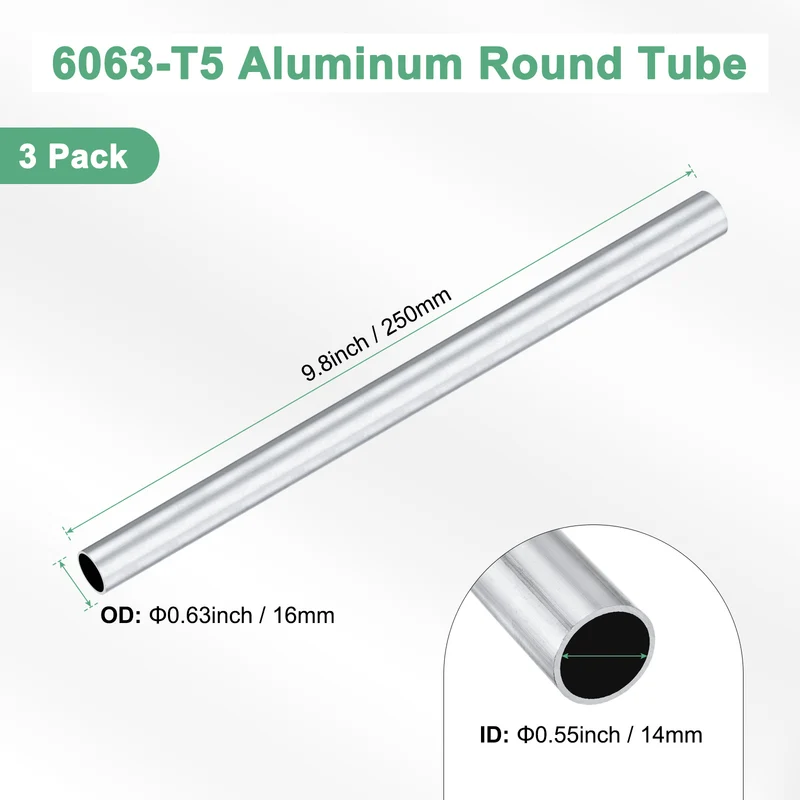 3-Pack 6063 Aluminum Round Tube, 14mmx16mm(IDxOD) 250mm Length Straight Tubing