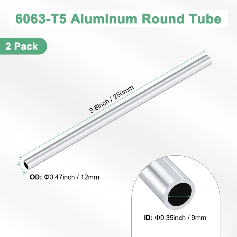 2-Pack 6063 Aluminum Round Tube, 9mmx12mm(IDxOD) 250mm Length Straight Tubing